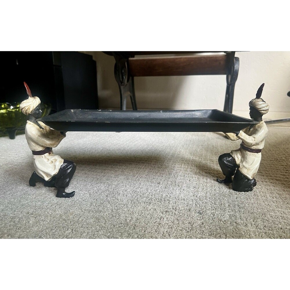 Cold-Painted Cast Metal Turkish Figural Rectangular Tray Stand Vintage